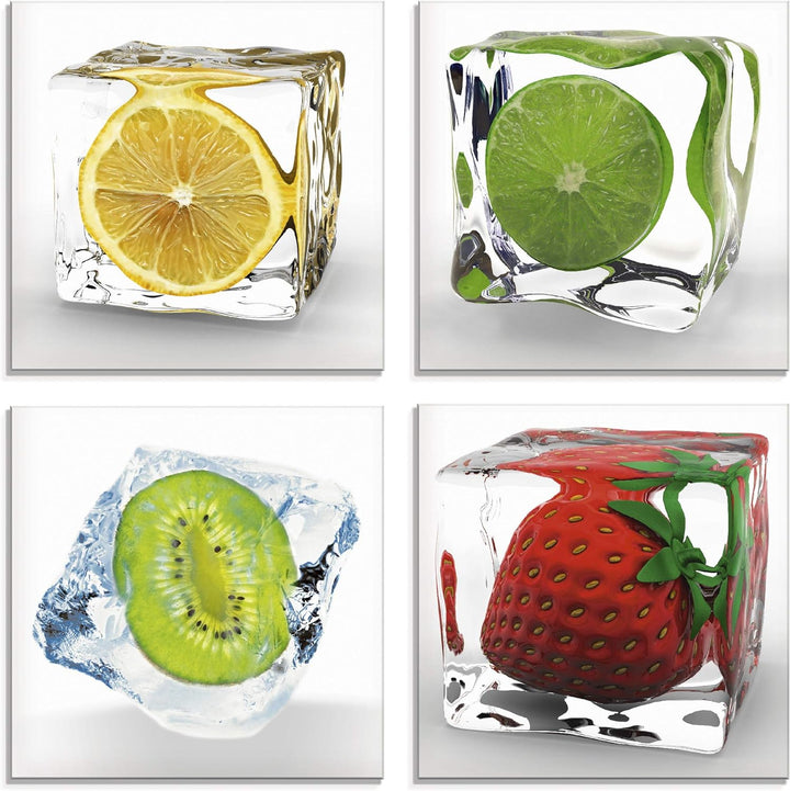 ARTland Glasbilder Wandbild Glas Bild Set 4 teilig je 40x40 cm Quadratisch Früchte im Eiswürfel Obst