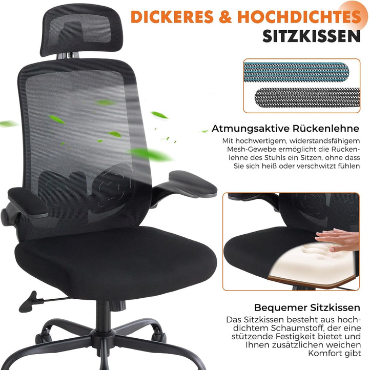 Sweetcrispy Ergonomischer Bürostuhl mit Kopfstütze & verstellbaren Armlehnen, 360° Drehfunktion, Höh