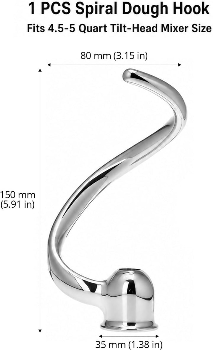 QWORK® Spiralförmiger Knethaken 304 Edelstahl, Kompatibel mit 4,3L-4,8L Kippkopf-Küchenmaschinen, fü
