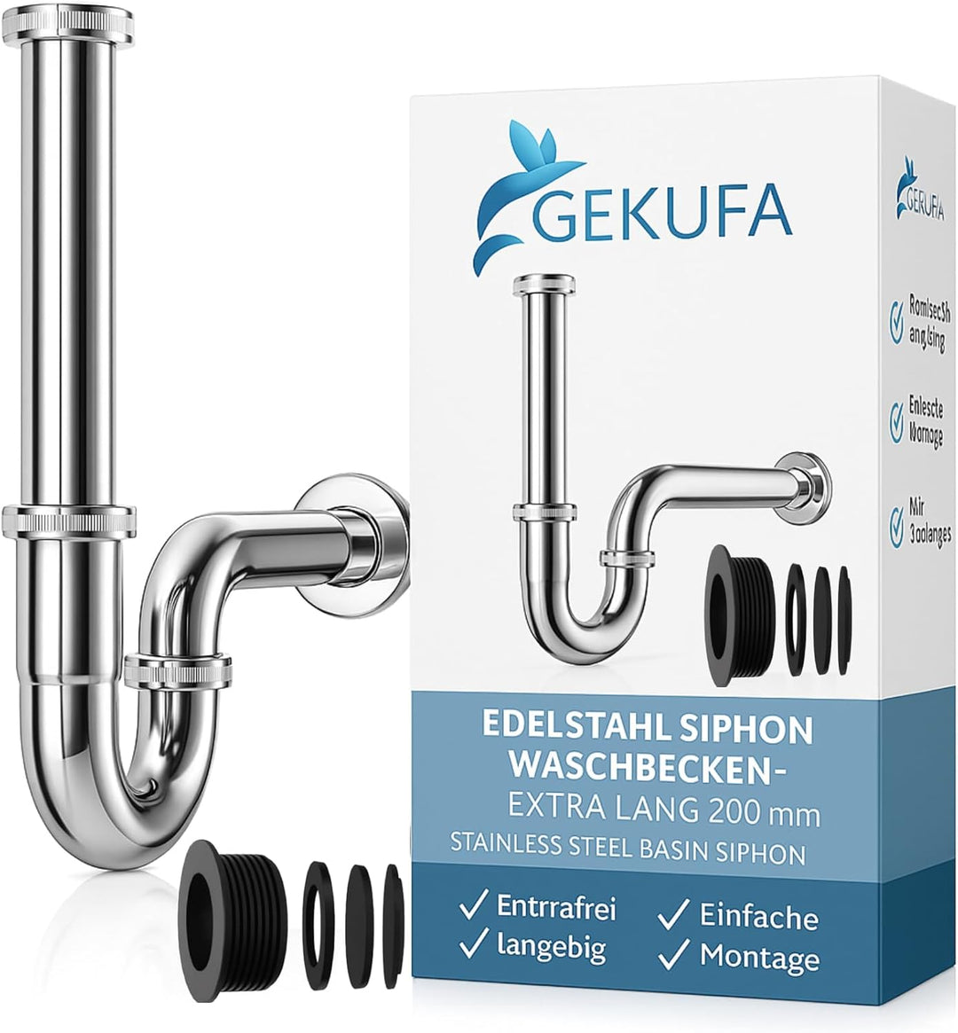Universal Siphon Waschbecken 200mm Extra Lang G1-1/4" Edelstahl Abflussrohr, Ablaugarnitur Waschbeck