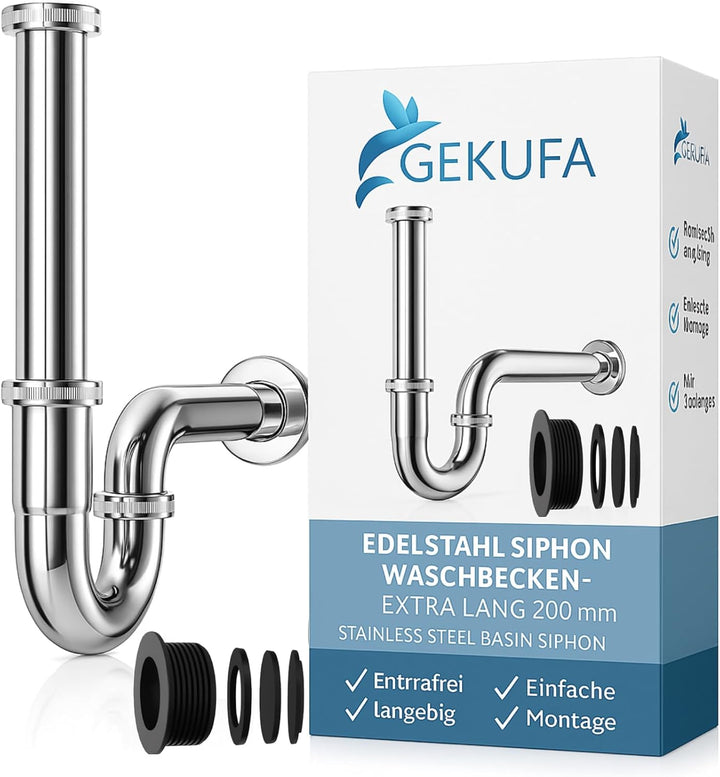 Universal Siphon Waschbecken 200mm Extra Lang G1-1/4" Edelstahl Abflussrohr, Ablaugarnitur Waschbeck