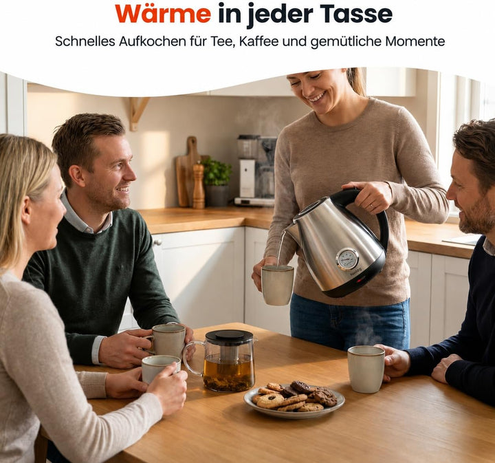 Retro Wasserkocher 1,7L aus Edelstahl, 2200W, mit Temperaturanzeige, Schnellkochfunktion, kabellos m