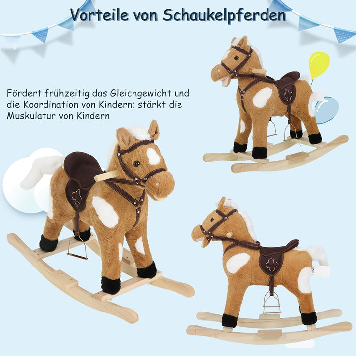 WOLTU Schaukelpferd für Babys, Spielzeug mit Tiergeräuschen und Haltegriffen, aus Plüsch und PP-Baum