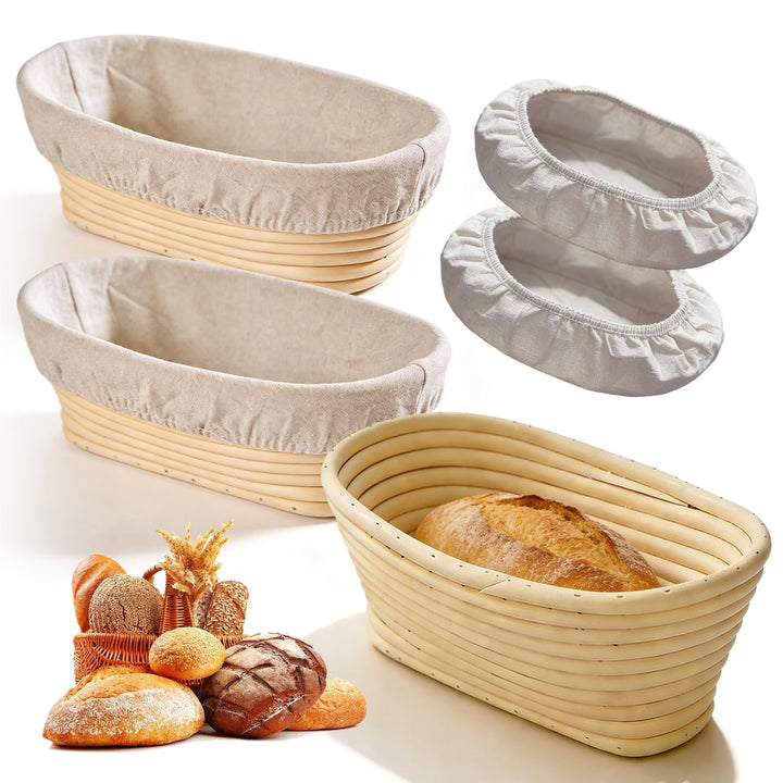 2 Stück Gärkörbchen Oval mit 4 Stoffbezug: 25 cm Durchmesser Banneton Brotgärkörbe mit Abnehmbarer S