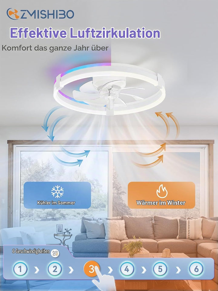ZMISHIBO 51 cm RGB-Deckenventilator mit Licht,Fernbedienung &amp; APP-Steuerung,6 Geschwindigkeiten, Vor