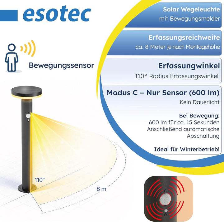 esotec Solar Gartenbeleuchtung Aussenlampe mit Bewegungsmelder Ribolla, H=45, 36 LEDs warmweiss 3000