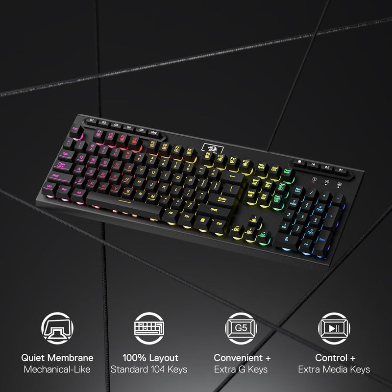 Redragon K513 RGB-Membran-Gaming-Tastatur, lineare mechanische Standardtastatur mit 104 Tasten und 5