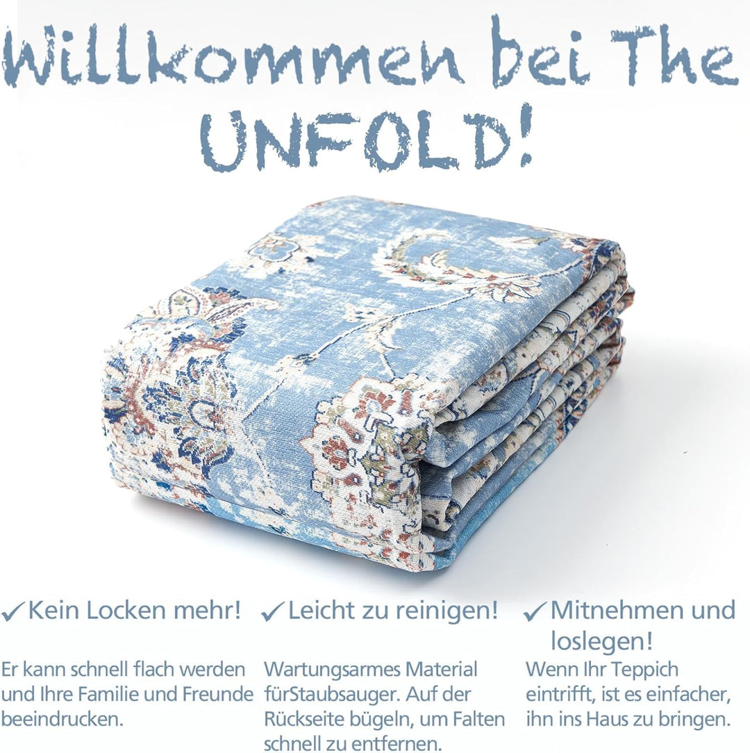 TOPICK Blau Teppich 90x150cm Wohnzimmer Waschbar Superdünne Vintage Blumen Kurzflor Lang Küche Schla