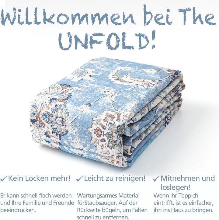 TOPICK Blau Teppich 90x150cm Wohnzimmer Waschbar Superdünne Vintage Blumen Kurzflor Lang Küche Schla