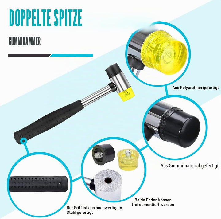 2 Stk Doppelkopf Gummihammer, Doppelkopfhammer 25/40mm mit Rutschfest Gummigriff & 8 Ersatz-Hammerkö