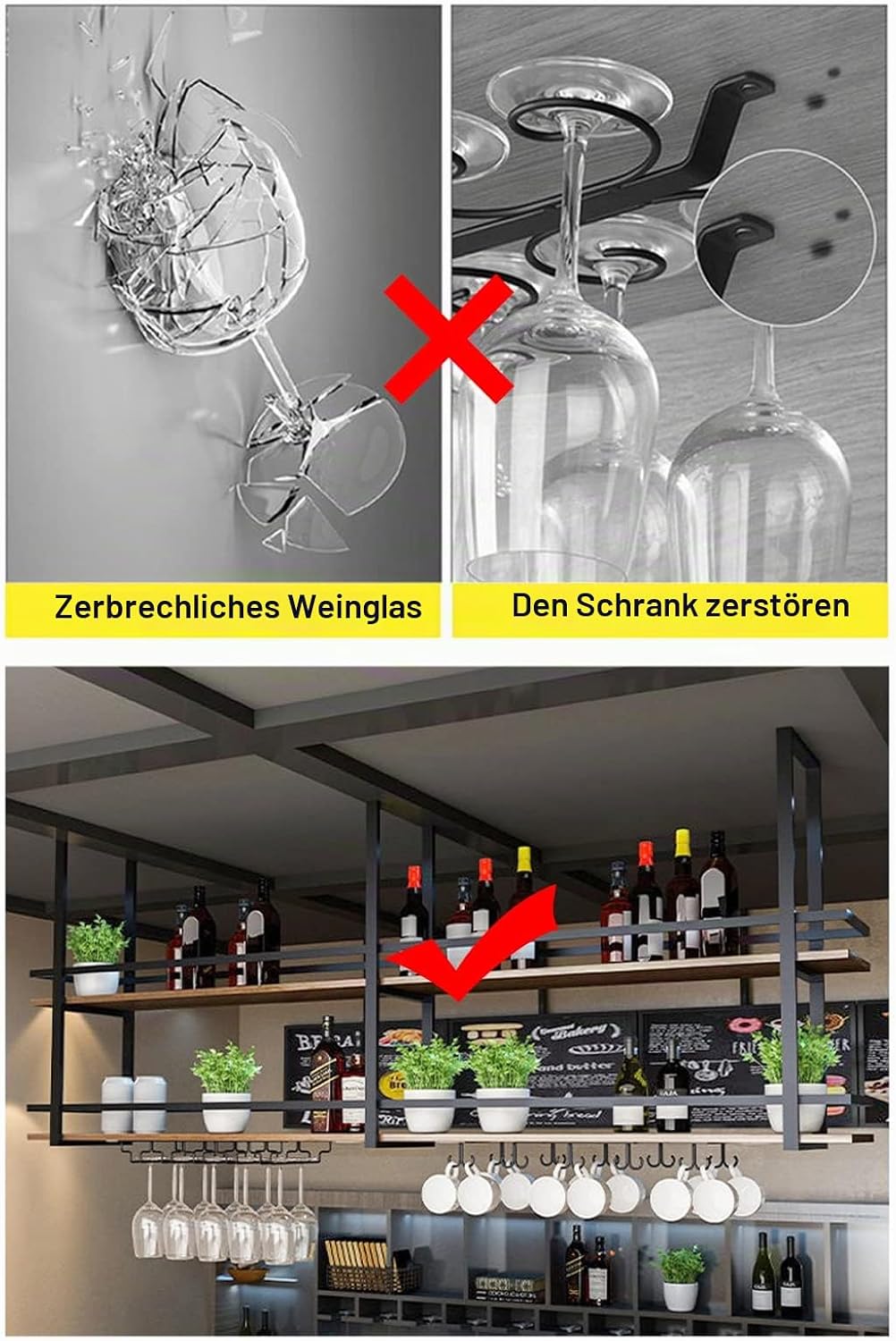 Deckenregal Weinregal mit Glashalter, Schwebendes Hängeregal 2-Lagiger Industrieller Hängender Weinf