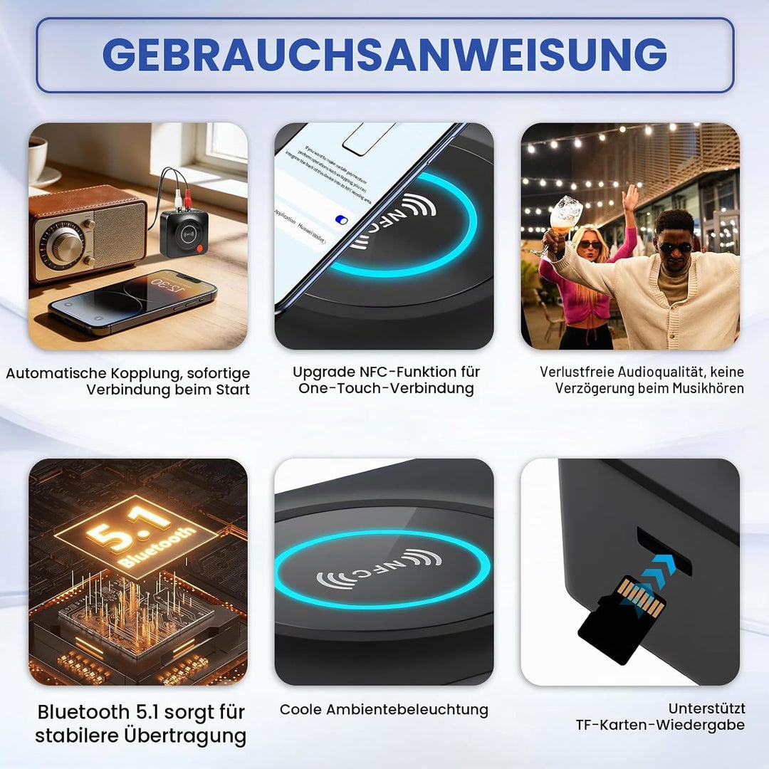 Bluetooth 5.1 Receiver mit AUX 3,5mm und RCA Adapter, Wireless Audio Empfänger für Stereoanlage und