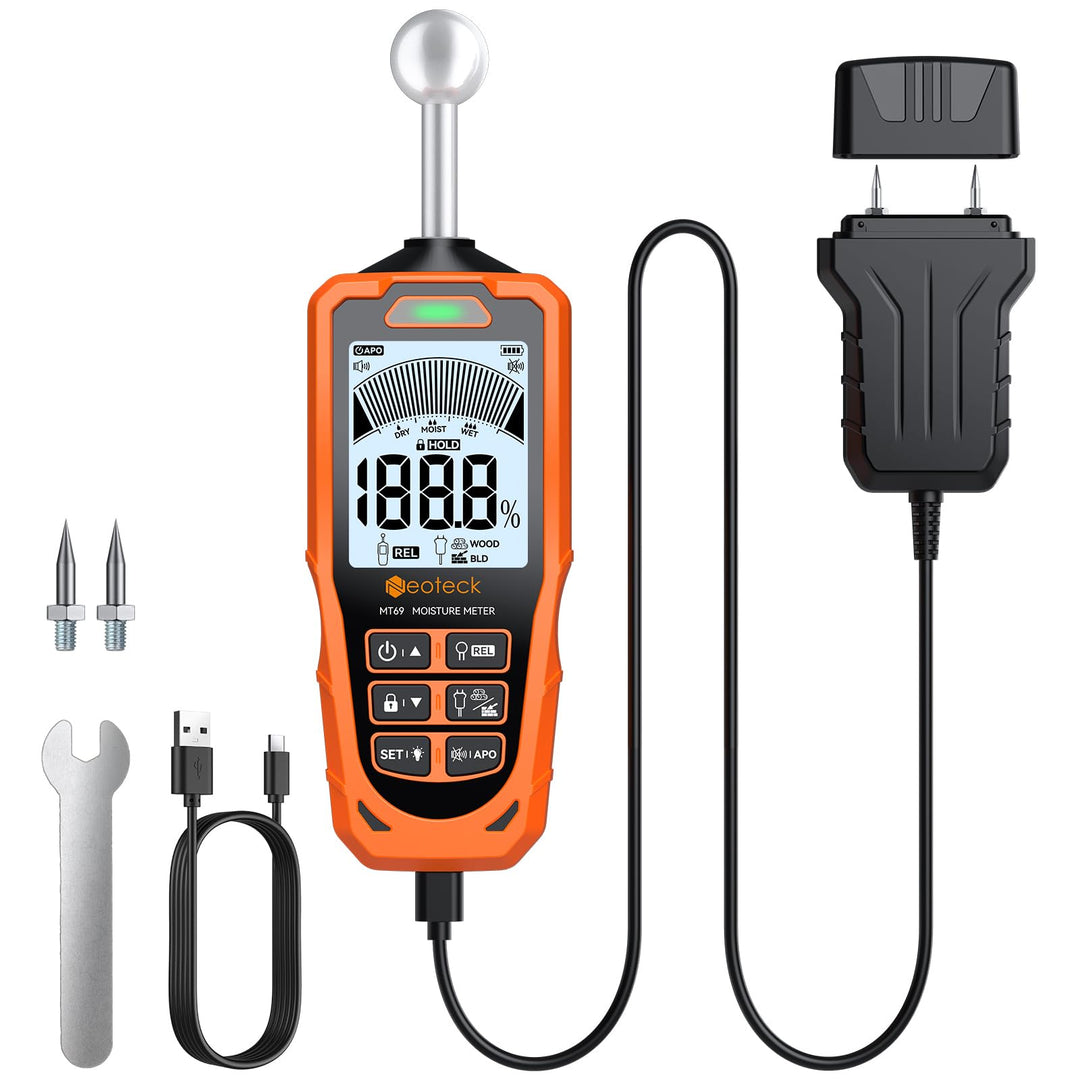 Neoteck Pin&Pinless Feuchtigkeitsmesser mit Farb-LCD und akustischem Alarm 2-in-1 Dual-Sonden-Feucht