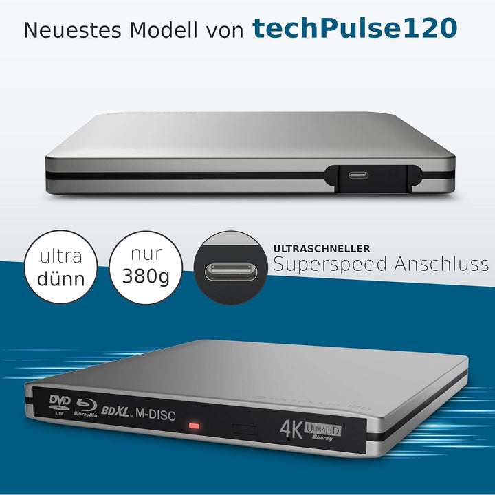 techPulse120 Externes USB 3.1 Blu-ray DVD CD USB-C UHD 4k 3D M-DISC BDXL HDR10 100GB Laufwerk Brenne