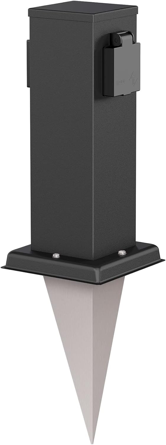 ledscom.de Garten-Steckdosen-Säule Polly mit Erdspiess für aussen, 2-Fach, Edelstahl, eckig, schwarz