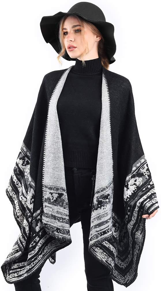 Winter Warme Poncho Schal Wrap - Herbst Open Front Cape Winddichte Strick Wolle Mantel Decke Kap-Sch