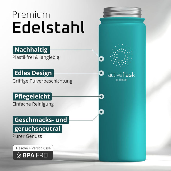 Trinkflasche Edelstahl ACTIVE FLASK + Strohhalm (3 Deckel) BPA-frei, Auslaufsicher, Kohlensäure geei