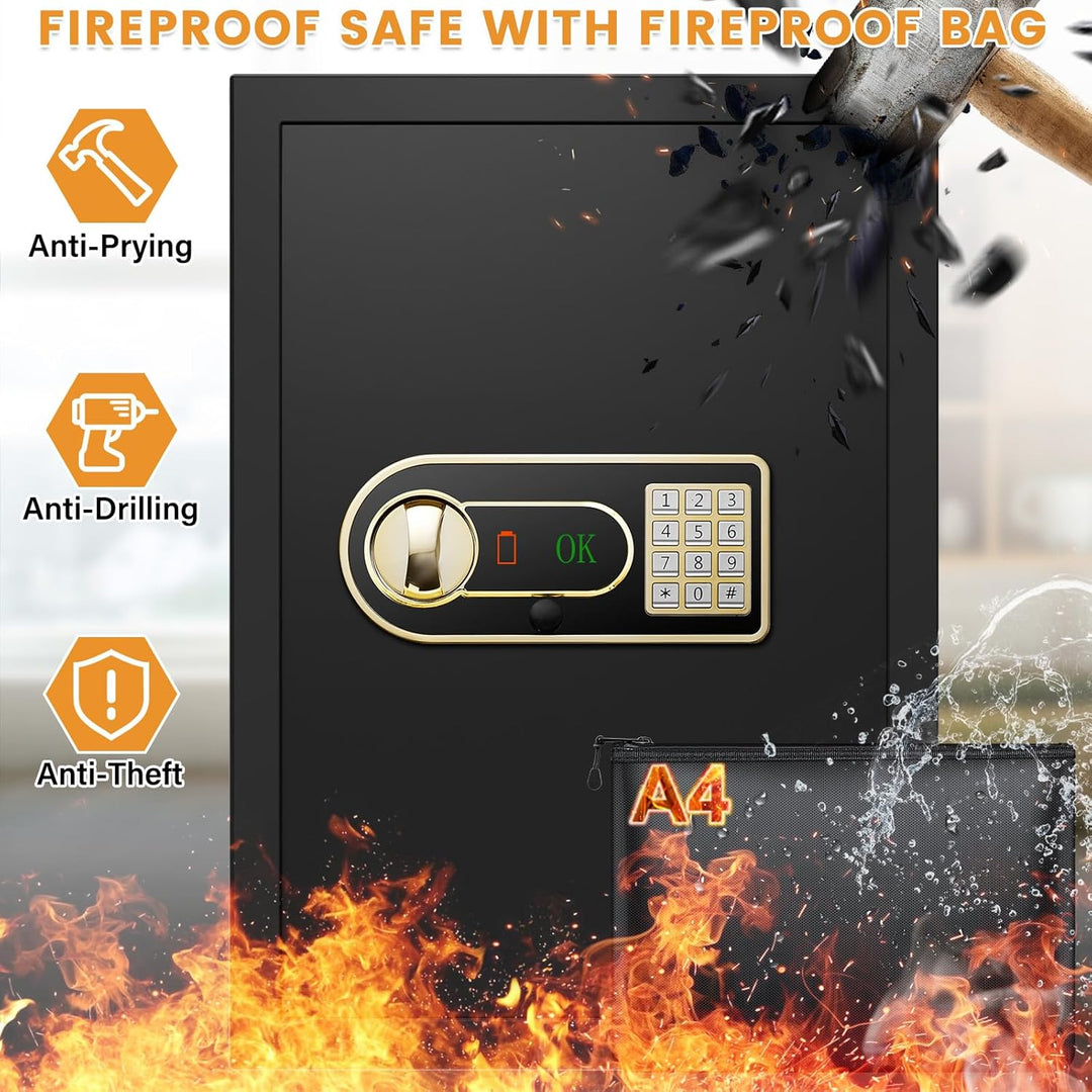 Safe Tresor Feuerfest mit A4 Feuerfester Tasche, 65L Möbeltresor Gross mit Abnehmbares Regal und Ext