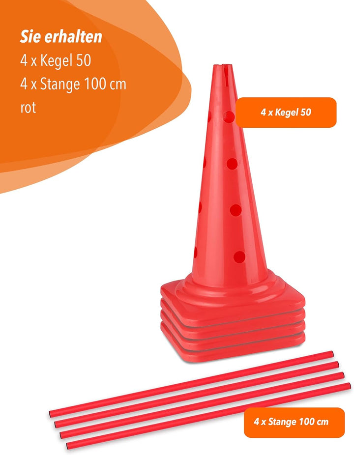 Kombi-Kegel 50 mit Stange 100 cm – 4er Set – Pylone mit Slalomstange – für Slalom-Parcours – Agility