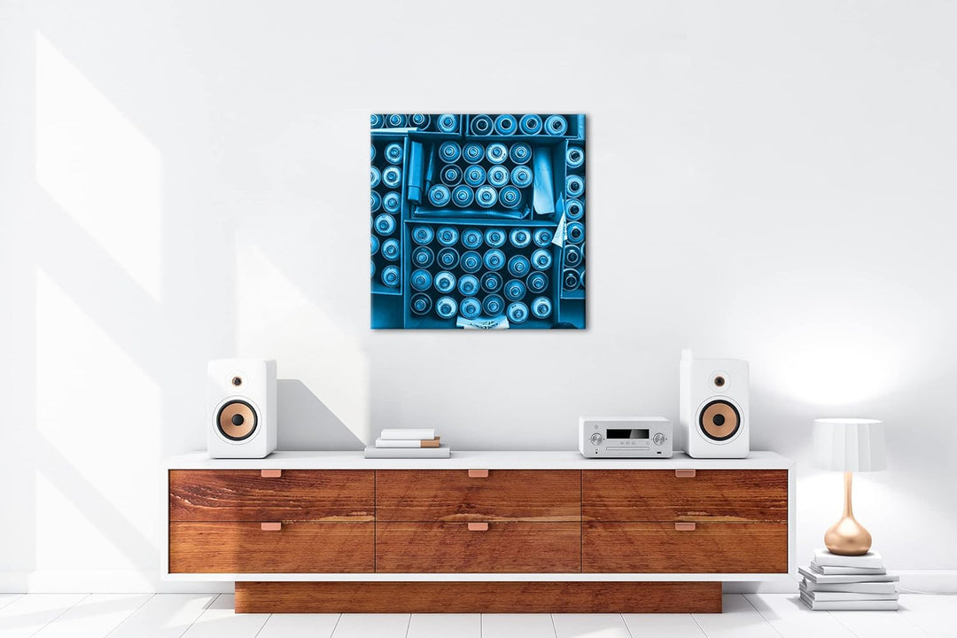 deyoli Kisten voller Graffiti Spraydosen Format: 70x70 Effekt: Monocrome Blau als Leinwandbild, Moti