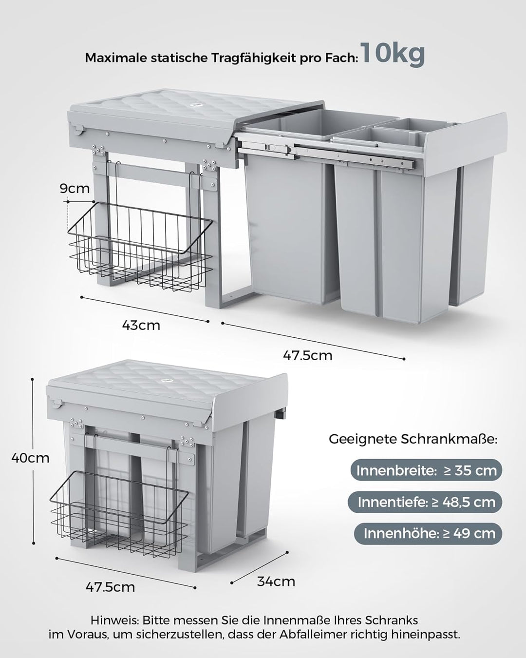 lovewind Dreikammer-Abfalleimer, 20L+2x10L, Mülleimer küche, Mülltrennsystem für Unterschrank，Stahlr
