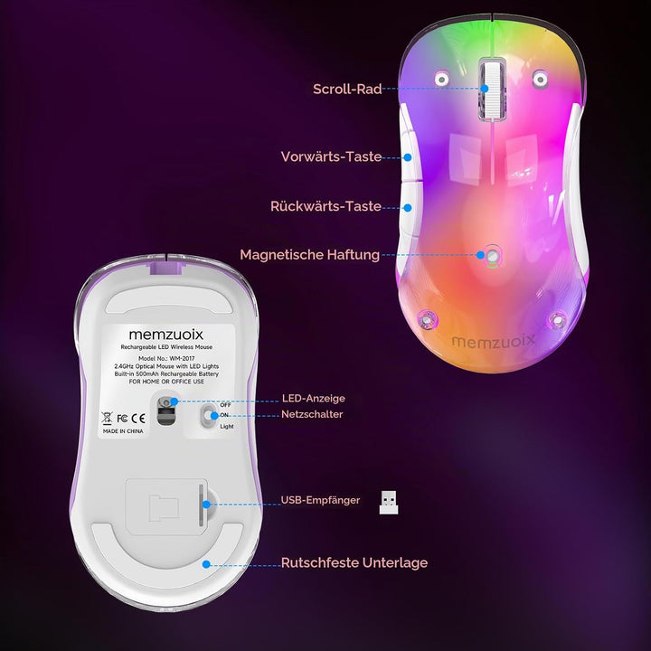memzuoix LED Kabellose Maus – Wiederaufladbare 2.4G Optische Maus mit Magnetischer Abdeckung, Sanfte