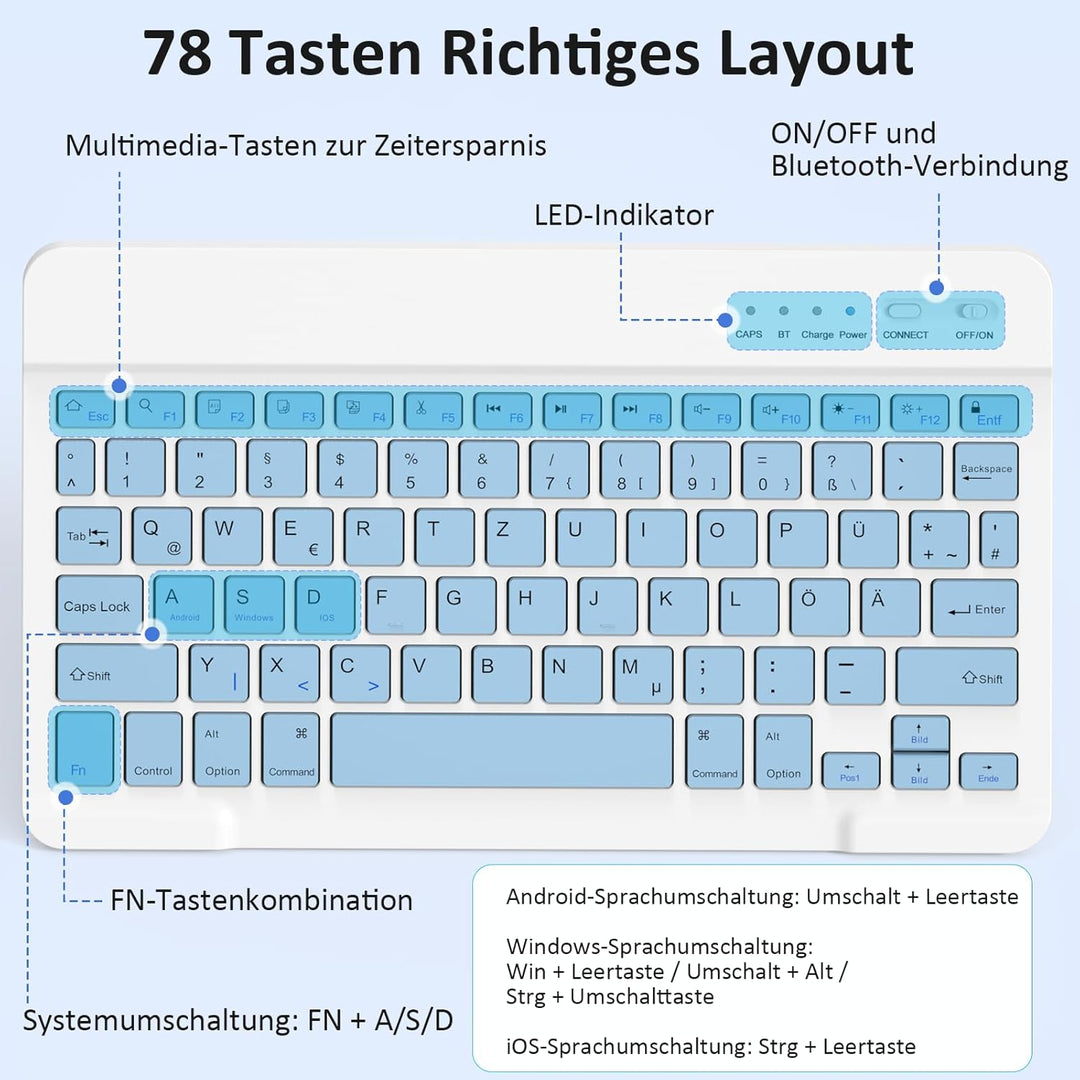 Kabellose Tastatur, Deutsche Bluetooth Tastatur für iPad Air/Pro/Mini/iPhone/Samsung/Huawei/Tablet,