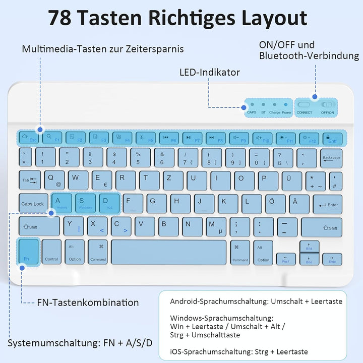 Kabellose Tastatur, Deutsche Bluetooth Tastatur für iPad Air/Pro/Mini/iPhone/Samsung/Huawei/Tablet,