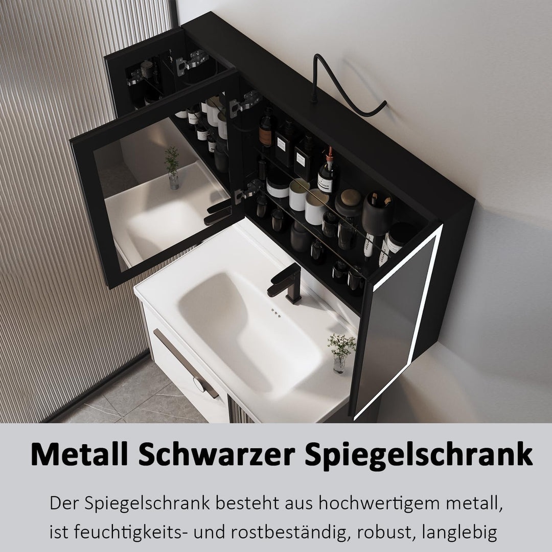 Boromal Spiegelschrank Bad mit Beleuchtung LED Spiegelschrank mit Beleuchtung Schwarz Metall Badezim