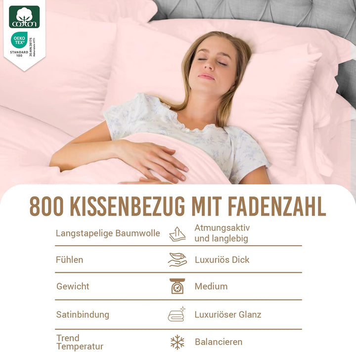 Pizuna Luxuriöser Soft-Satin 2er Pack Kissenbezug 70 x 90 cm Helles Rosa, 800 Fadenzahl Baumwolle Ki