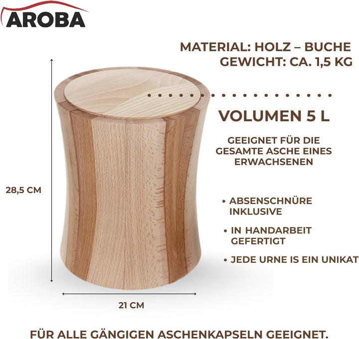 AROBA Handgefertigte Urne aus Buchenholz in Zylinderform – 5L Volumen für Menschliche Asche – Naturu