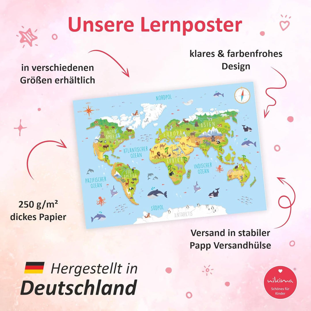 nikima - Kinder Weltkarte 3D in 3 Grössen A3/ A2/ A1 Poster Plakat Tiere Erde Wandbild Kinderzimmer