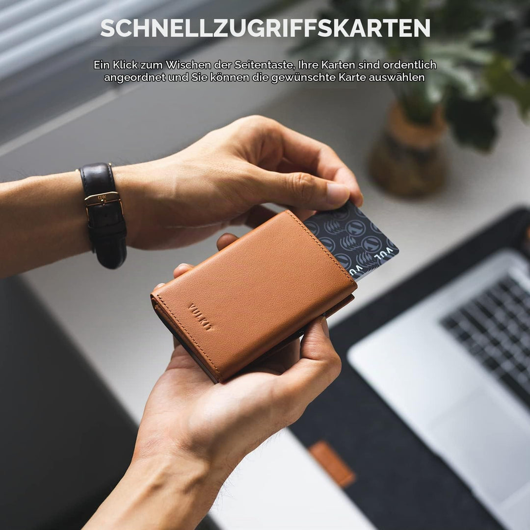 VULKIT Kreditkartenetui RFID-blockierende Pop-Up-Kartentasche aus Echtem Leder mit Geldscheinfach, A
