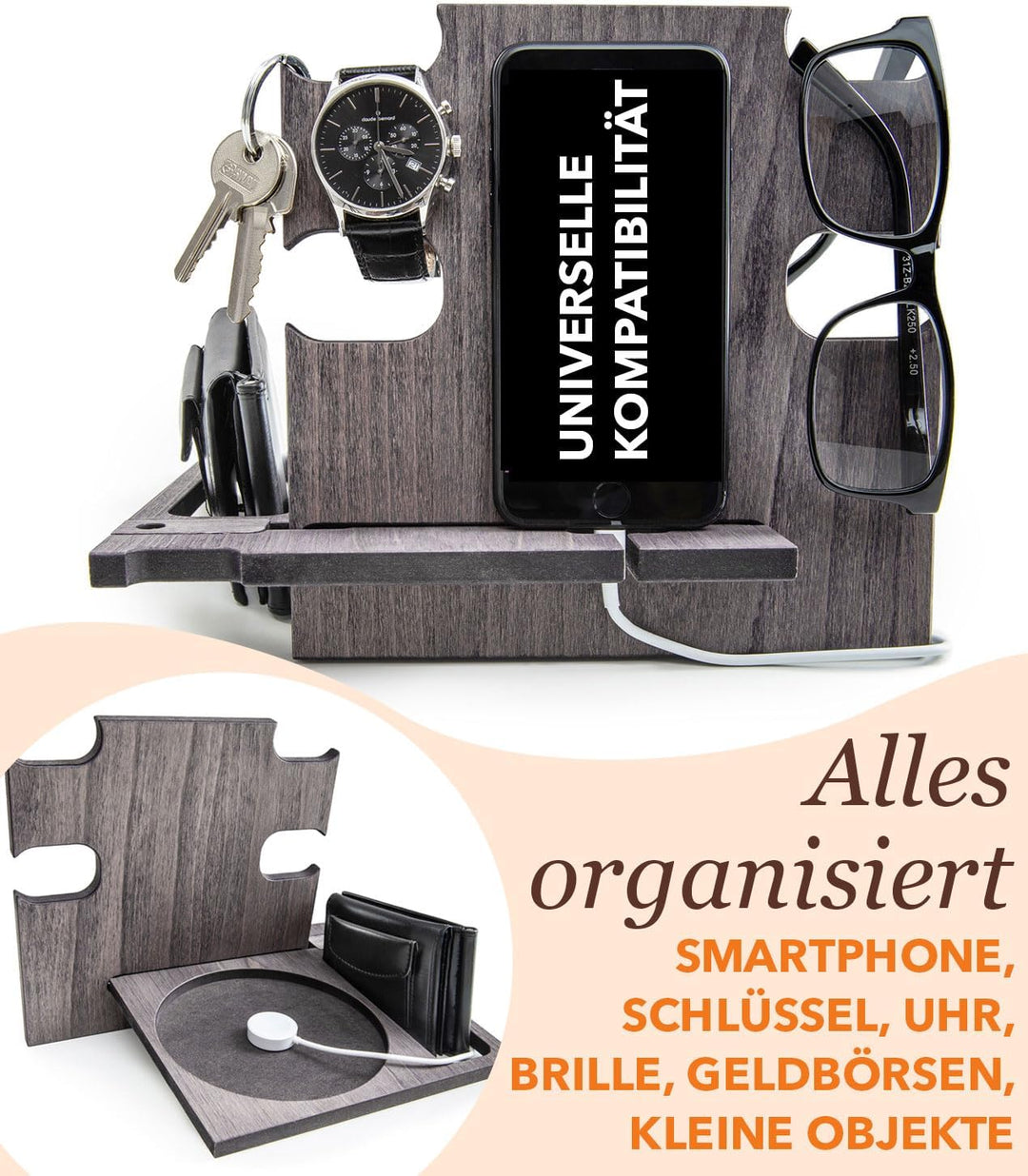 Docking Station personalisiert – Geschenk für Männer Geburtstag – Handyhalterung Organizer aus Holz