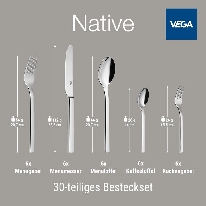 VEGA Native Besteckset 30-teilig für 6 Personen, Edelstahl 18/10, Silber | Spülmaschinenfest &amp; rostf