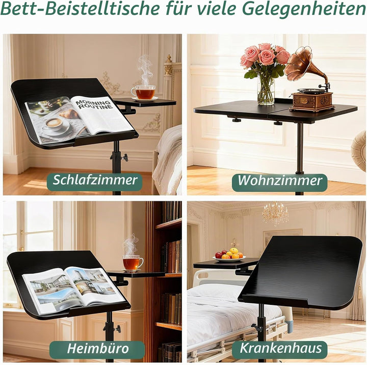 YYW Verstellbarer Beistelltisch mit Rollen, geteilte Oberseite, neigbarer Nachttisch mit Tablett, Ro