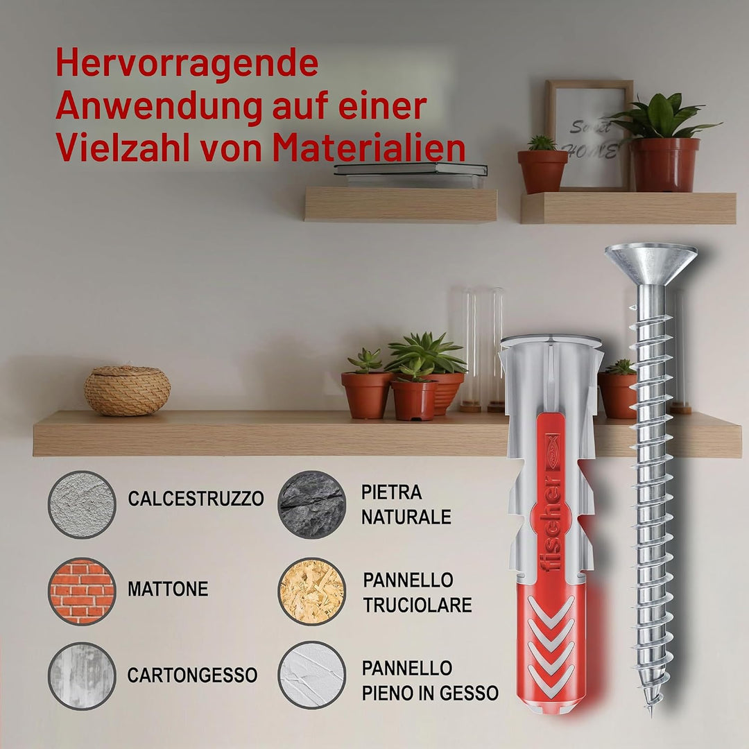 Fischer 100 DUOPOWER Dübel mit Schraube 6 x 30 mm für Vollwand Lochziegel Gipskarton 537646 grau/rot