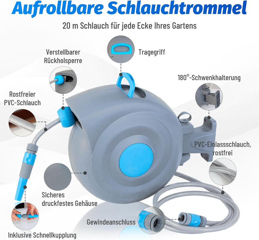 Wand Schlauchtrommel Wand-Schlauchbox 20 Meter, 180° Schwenkbar flexible Bewässerung für grosse Gart