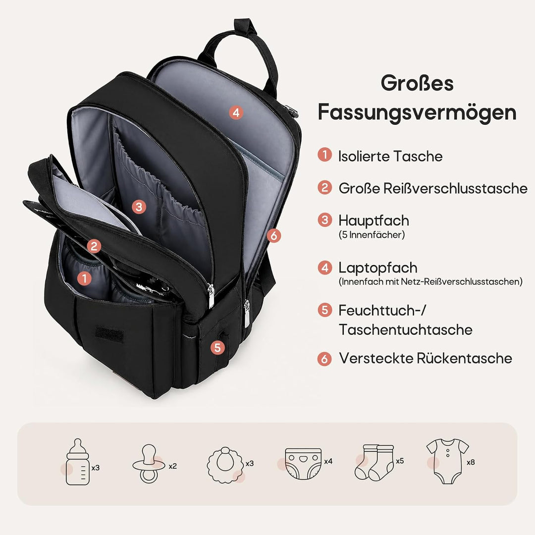 RAINSMORE Wickelrucksack Gross Baby Wickeltasche mit Wickelunterlage Schwarz | Wasserdichte Wickelta