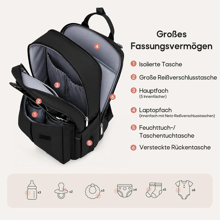 RAINSMORE Wickelrucksack Gross Baby Wickeltasche mit Wickelunterlage Schwarz | Wasserdichte Wickelta