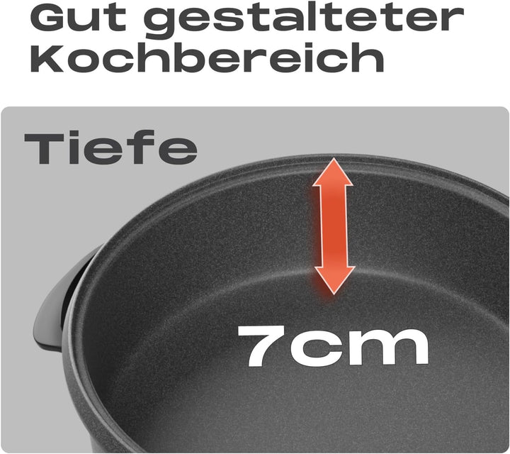 Elektropfanne 1500W mit Deckel, 28cm Partypfanne aus Aluminium & Stahl, Antihaftbeschichtung, Temper