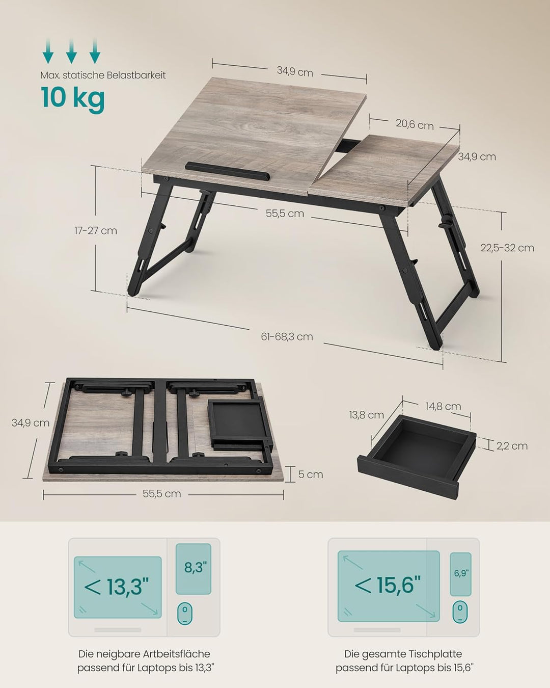 SONGMICS Laptoptisch, Laptopständer, Frühstückstablett, klappbare Beine, für Bett und Sofa, höhenver