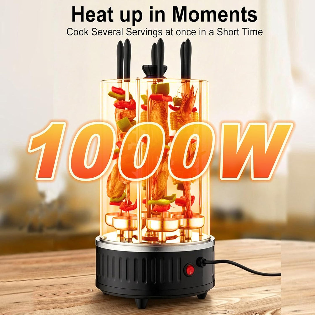 Vertikaler Elektrogrill, 1000W Vertikalgrill Dönergrill mit 6 Spiesse | Elektrischer BBQ Tischgrill