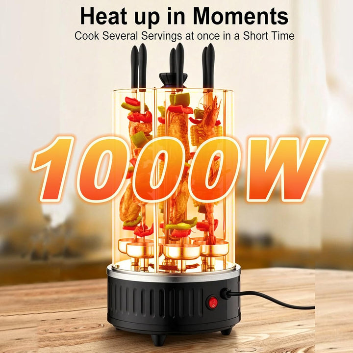 Vertikaler Elektrogrill, 1000W Vertikalgrill Dönergrill mit 6 Spiesse | Elektrischer BBQ Tischgrill