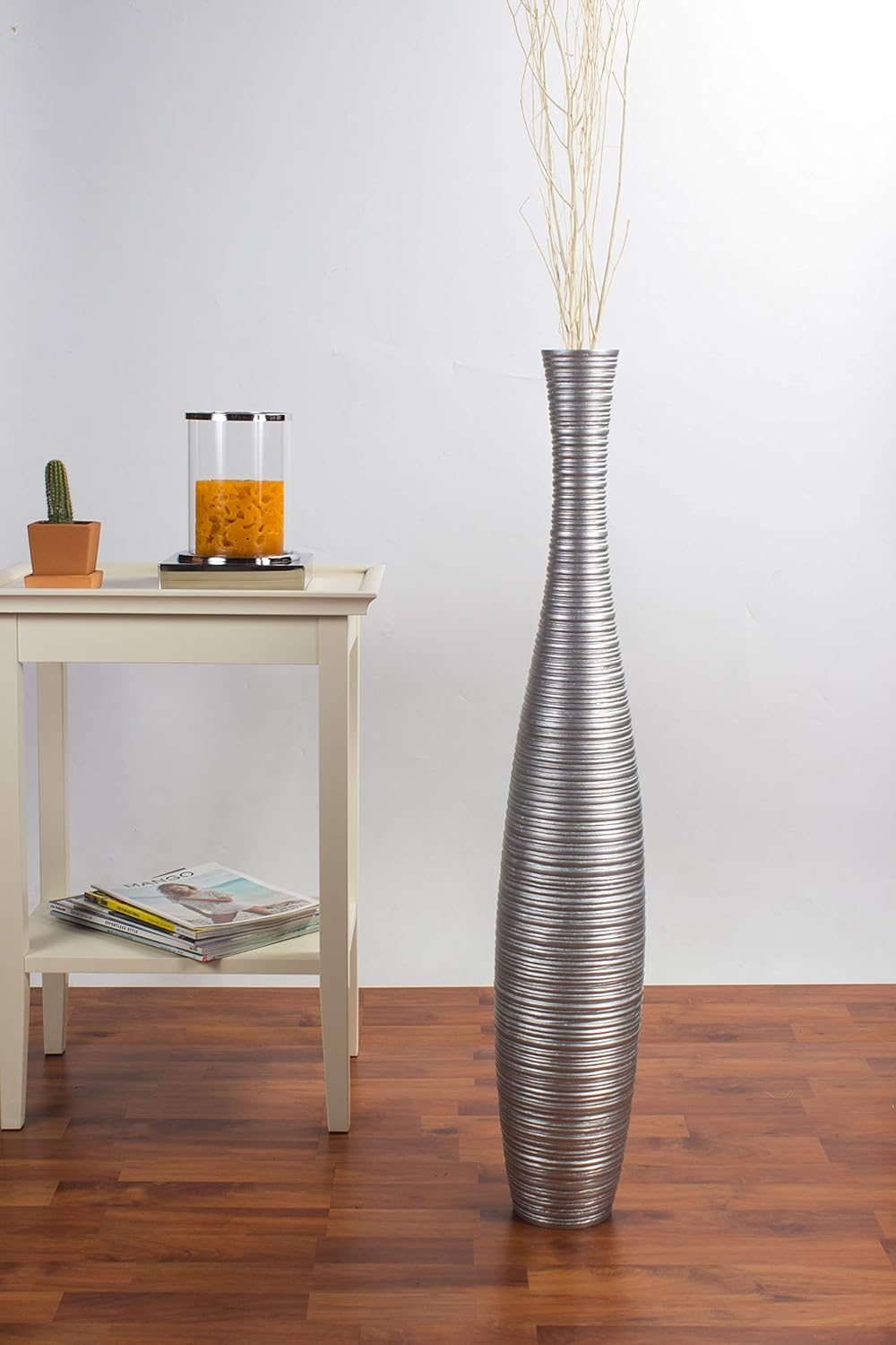 Leewadee Grosse Bodenvase für Dekozweige hohe Standvase Design Holzvase, Holz, 90 cm, Silber 90 cm S