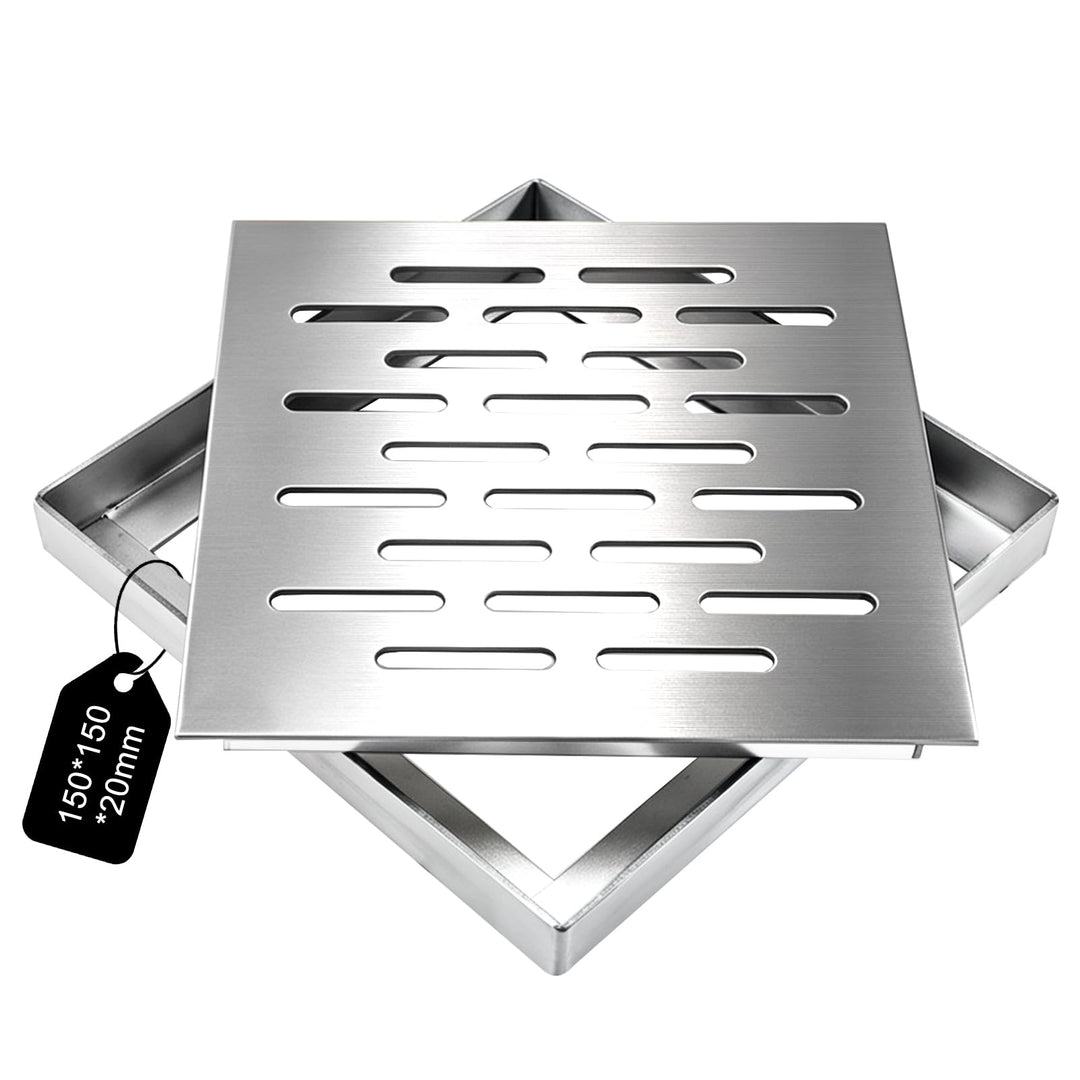 150 x 150 x 20mm Edelstahl Bodenablauf mit Rahmen, Abflussgitter Quadratisch, Bodenablaufabdeckung R