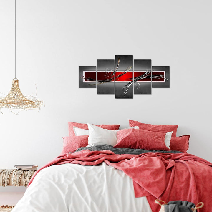 Runa Art Wandbilder Abstrakt 5 Teilig Bild auf Vlies Leinwand Deko Wohnzimmer Schlafzimmer Grau Rot