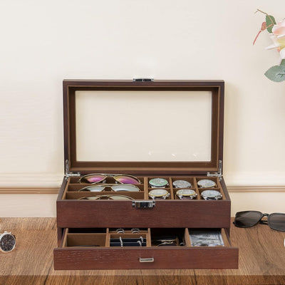 ProCase Uhrenbox Brillenbox aus Holz in Klavierlack hochglänzend, 2 Ebenen, Brillen Aufbewahrungsbox