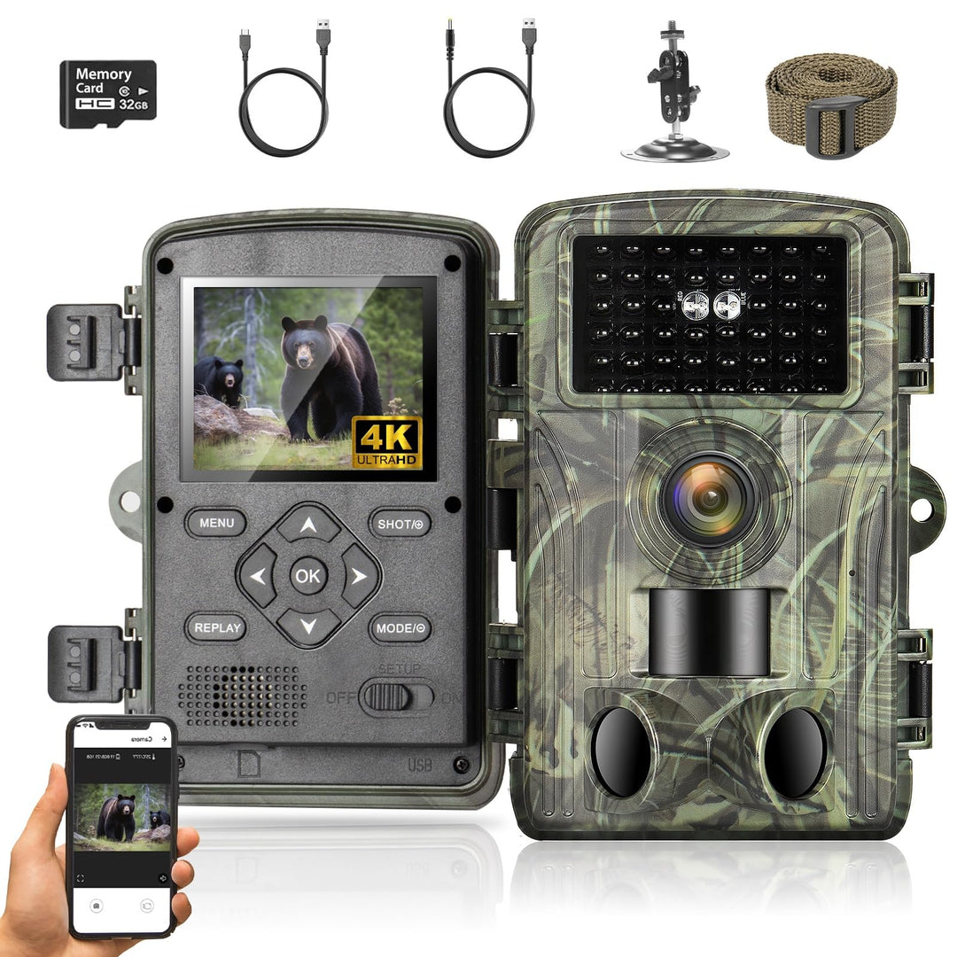 Wildkamera WLAN, 4K Video Wildtierkamera WiFi, 32GB 120° Testsieger 60MP mit 2,0 Zoll LCD-Bildschirm