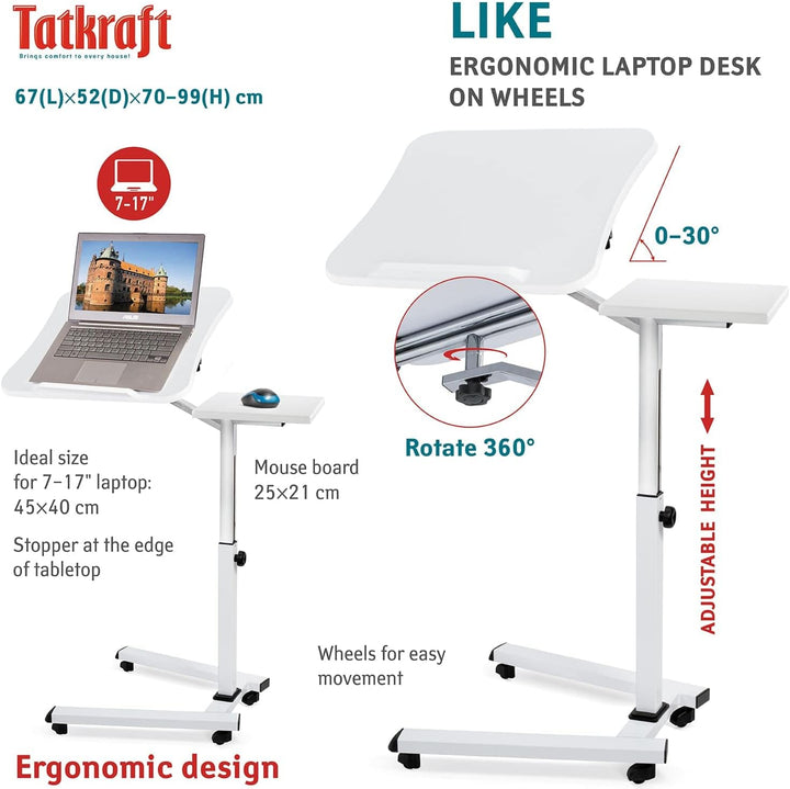 Tatkraft Like Laptop Ständer auf Rollen, Laptoptisch Höhenverstellbar Stehpult, Bett Beistelltisch W